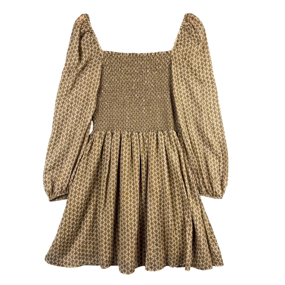 Kourt Mustard Yellow Geometric Fan Print Smocked Bodice Mini Dress XL Sleeve